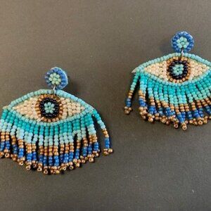 Hand-Beaded Earrings with Fringe and Evil Eye – Blues 28299